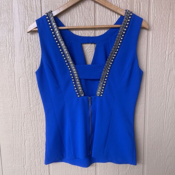 Vintage XOXO Jeans Beaded Bedazzled Top Blue Silver Zip Medium Y2K Cut Out - Picture 5 of 8